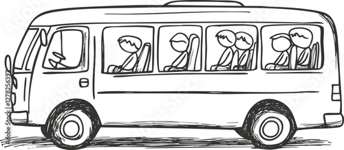 Simple black and white sketch of a bus with passengers inside.