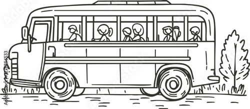 Black and white illustration of a school bus with children inside.