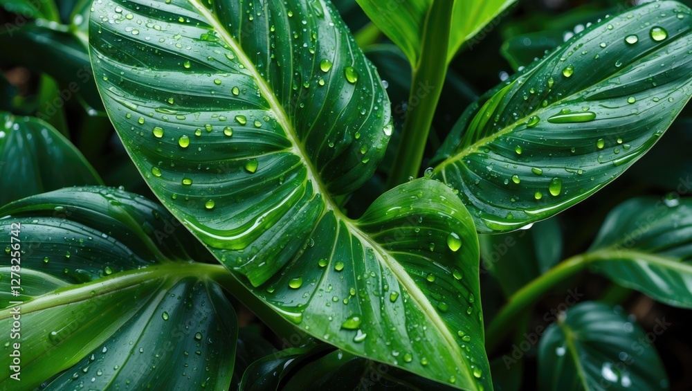 Obraz premium Lush Calathea Leaves with Raindrops Macro Photography Vibrant Green Foliage Natural Botanical Background with Copy Space for Text