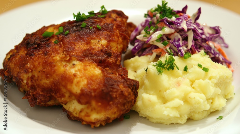 Fried Chicken Mashed Potatoes. Comfort Meal with Coleslaw, Biscuits - Fast Food Indulgence Fried Chicken Mashed Potatoes. Comfort Meal with Coleslaw, Biscuits - Fast Food Indulgence