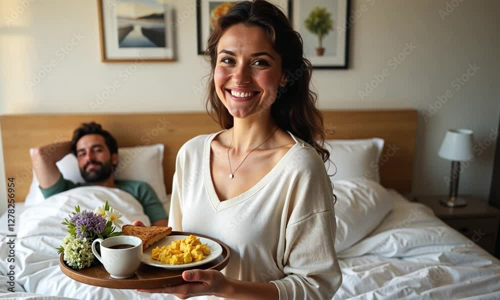 Wife Bringing Breakfast in Bed to Her Husband Wife Bringing Breakfast in Bed to Her Husband