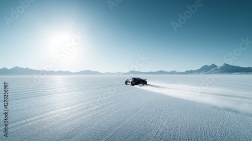 Drag racing car racing on a salt flat under the midday sun. Featuring extreme speed and isolation