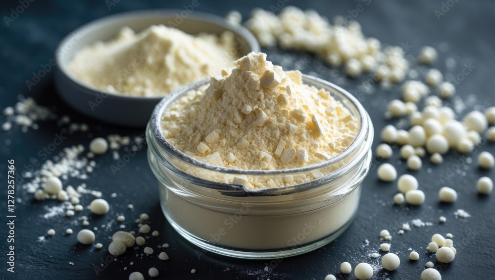 Carrageenan Gum Powder in Glass Jar with Surrounding Granules on Dark Background Ideal for Dairy and Confectionery Production. Carrageenan Gum Powder in Glass Jar with Surrounding Granules on Dark Background Ideal for Dairy and Confectionery Production.