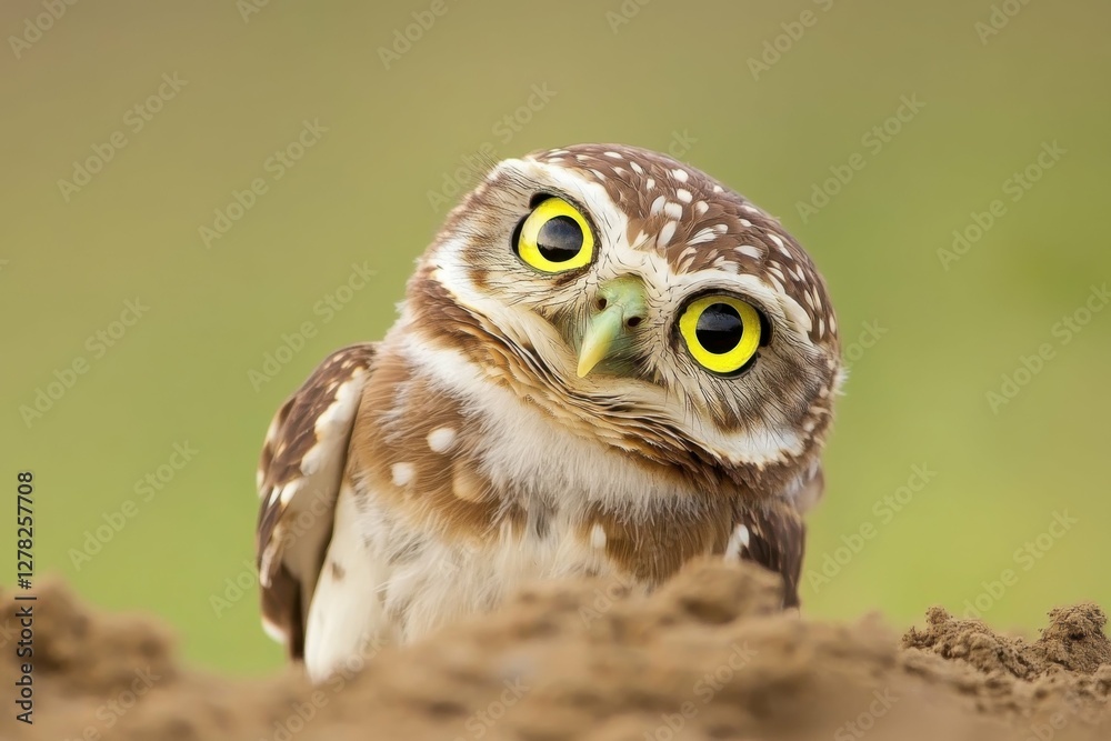 Fototapeta premium Funny Burrowing Owl Tilted its Head Curiously Outside the Burrow