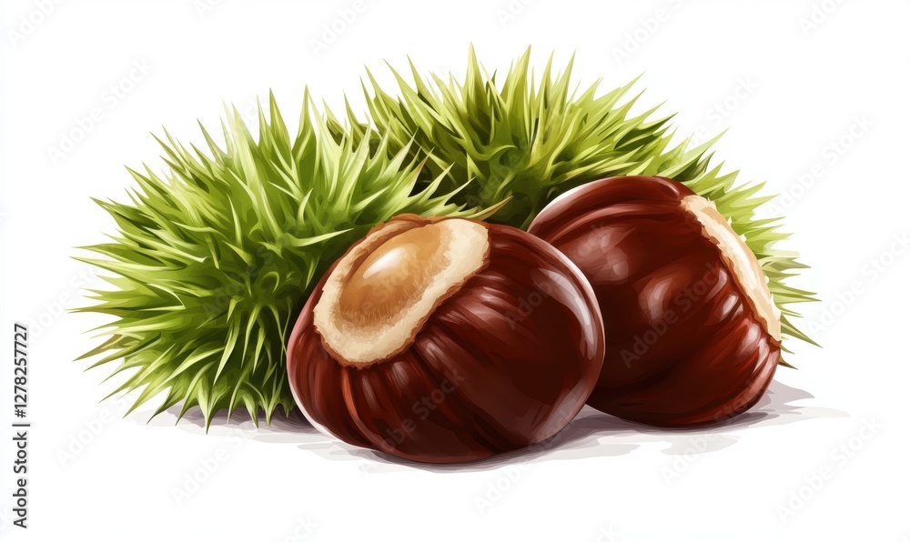 Two glossy chestnuts nestled among vibrant green spiky husks on a white background Two glossy chestnuts nestled among vibrant green spiky husks on a white background