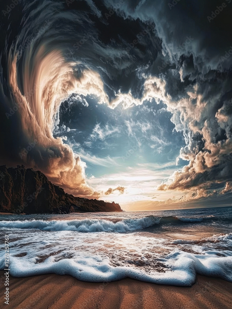 A beach with a dramatic sky filled with swirling clouds A beach with a dramatic sky filled with swirling clouds