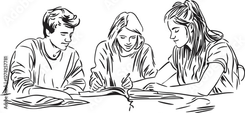 Illustration of three students studying together with books open.
