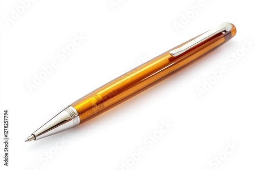 Bright orange ballpoint pen with silver accents resting on a white surface