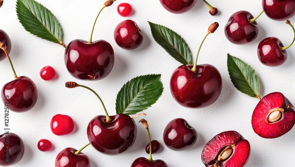 Fresh and vibrant cherries whole and halved with leaves on white, ideal for food and beverage advertising or design projects. Fresh and vibrant cherries whole and halved with leaves on white, ideal for food and beverage advertising or design projects.