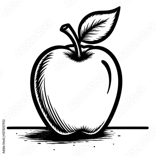 Black and white apple illustration on desk, minimalist design