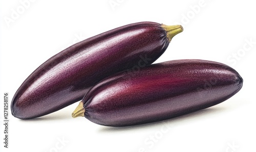 Wallpaper Mural Two glossy, purple eggplants stacked elegantly on a white background, highlighting their smooth texture Torontodigital.ca