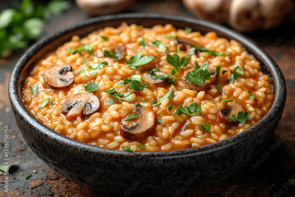 Delicious creamy mushroom risotto in a rustic bowl, close-up shot highlighting the texture and ingredients. Delicious creamy mushroom risotto in a rustic bowl, close-up shot highlighting the texture and ingredients.