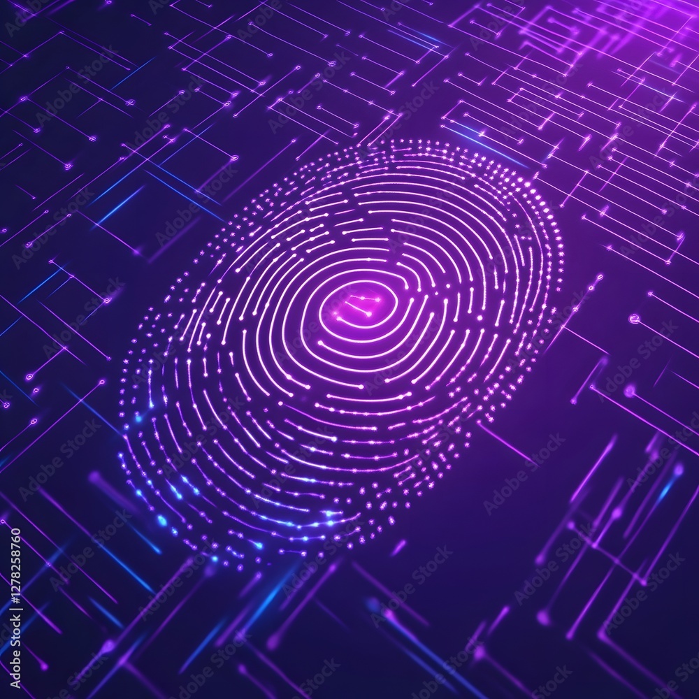 This digital showcases a futuristic fingerprint biometric identification system featuring a spiral pattern of data points and abstract shapes in a cyberpunk inspired color palette of purple blue This digital showcases a futuristic fingerprint biometric identification system featuring a spiral pattern of data points and abstract shapes in a cyberpunk inspired color palette of purple blue