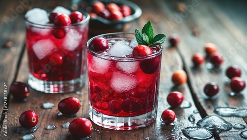 Wallpaper Mural Chilled Red Berry Drink With Ice And Fresh Cranberries In Elegant Glasses On Wooden Background With Space For Text or Advertisements Torontodigital.ca