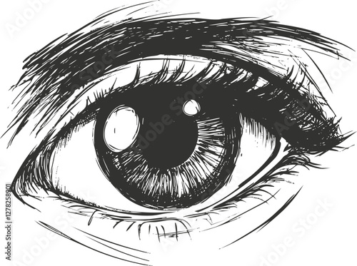 Monochrome sketch of a detailed human eye with eyebrow and lashes.