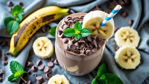 Chocolate banana shake topped with chocolate chips, banana slices, and mint leaves served with a straw on a textured cloth background. photo