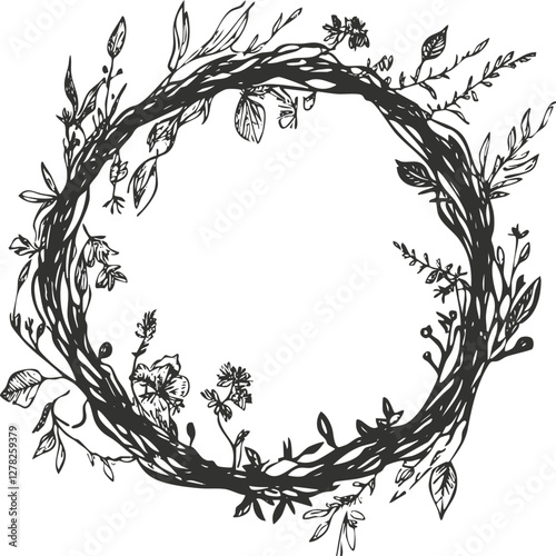 Hand-drawn floral wreath illustration with intricate botanical details.