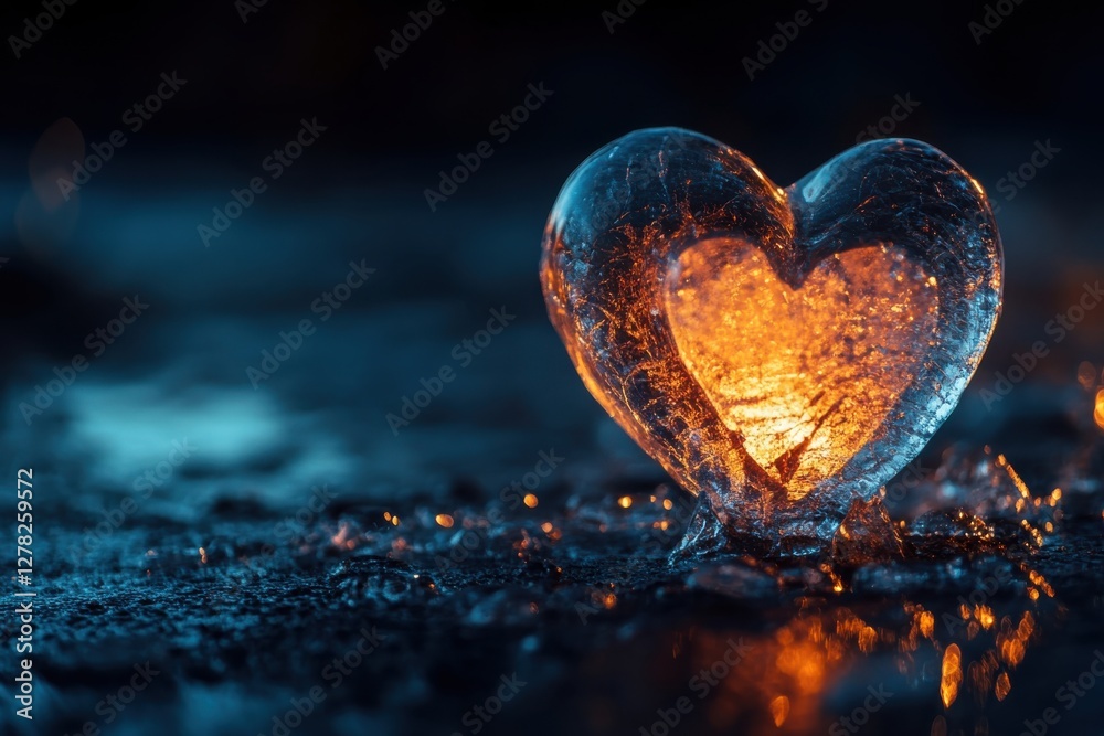 Fototapeta premium Heart-shaped ice sculpture illuminated from within creates a dreamlike winter atmosphere at night