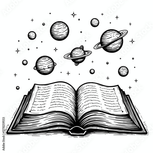 Cosmic exploration through science book illustrations, celestial knowledge