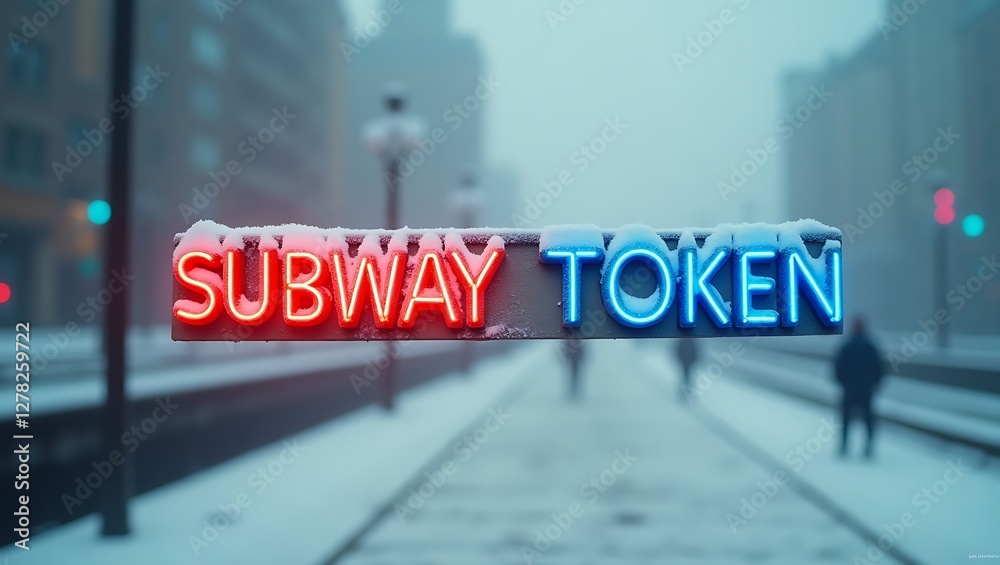 Captivating subway token sign in a snowy cityscape during winter Captivating subway token sign in a snowy cityscape during winter