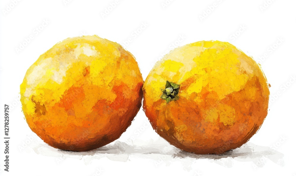 Fototapeta premium Two ripe oranges resting close together on a light background, showcasing their vibrant color and texture