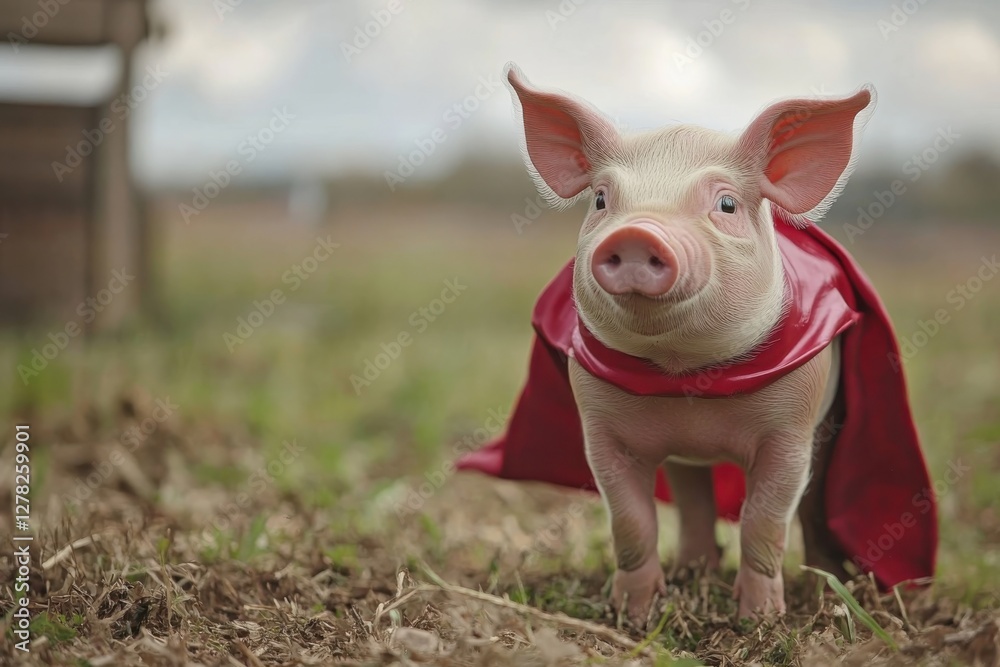 Superhero pig wearing a red cape stands proudly in an open field during daylight, showcasing a whimsical and playful moment in nature Superhero pig wearing a red cape stands proudly in an open field during daylight, showcasing a whimsical and playful moment in nature