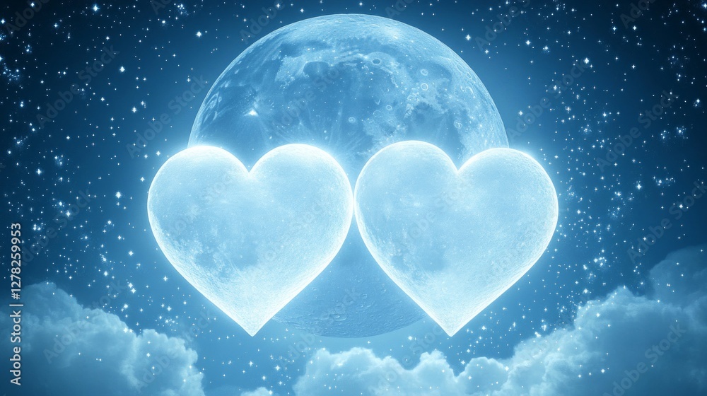 Obraz premium Glowing Hearts Underneath a Full Moon in a Starry Night Sky