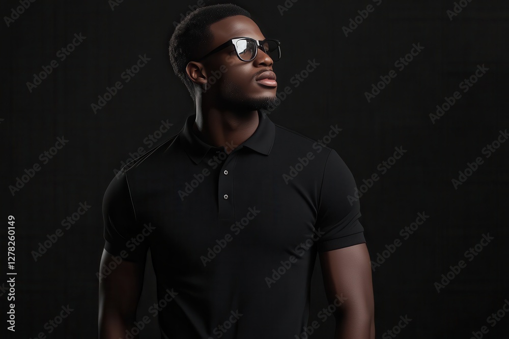 Stylish man in a black polo and sunglasses poses confidently against a dark backdrop Stylish man in a black polo and sunglasses poses confidently against a dark backdrop
