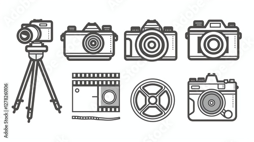 Collection of vintage camera icons and film reel.