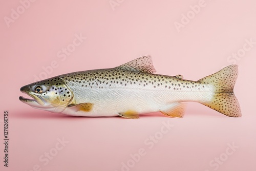 A speckled brown trout lies against a pink background