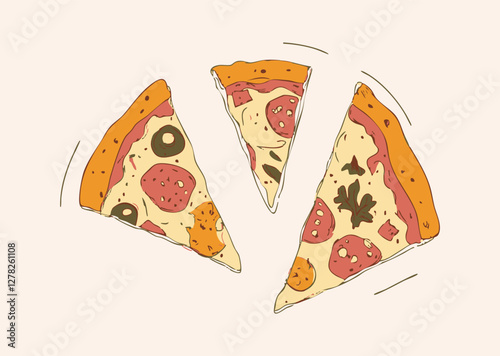 Three illustrated pizza slices with various toppings on a light background.