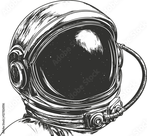 Black and white illustration of an astronaut helmet with a cosmic background.