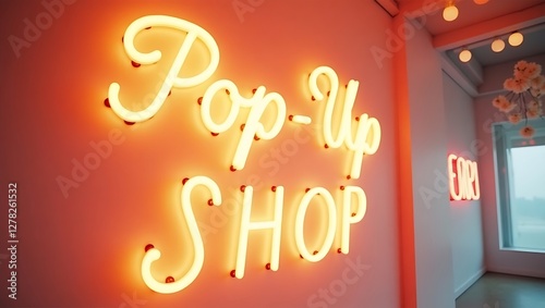 Bright neon sign indicating a pop-up shop in a modern space during daytime