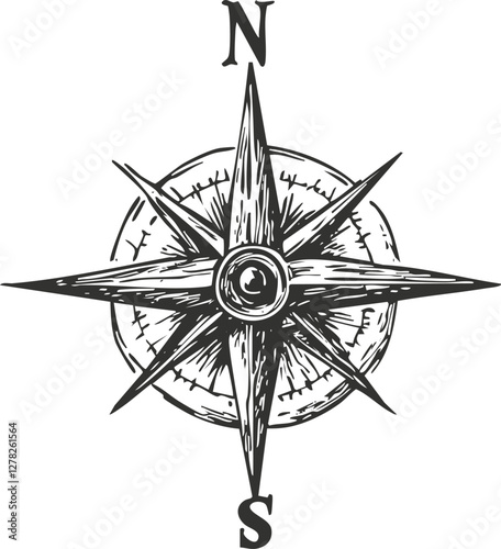 Vintage compass rose illustration with north and south directions marked.