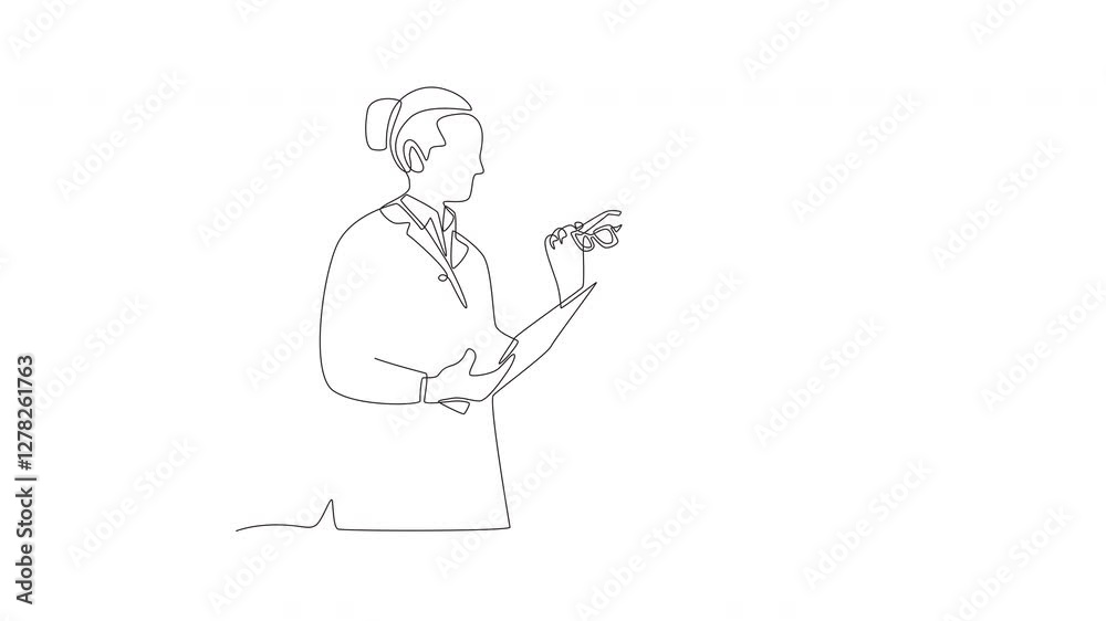 Animated young female patient picks up prescription glasses. Visiting eye doctors concept one-line drawing Animated young female patient picks up prescription glasses. Visiting eye doctors concept one-line drawing
