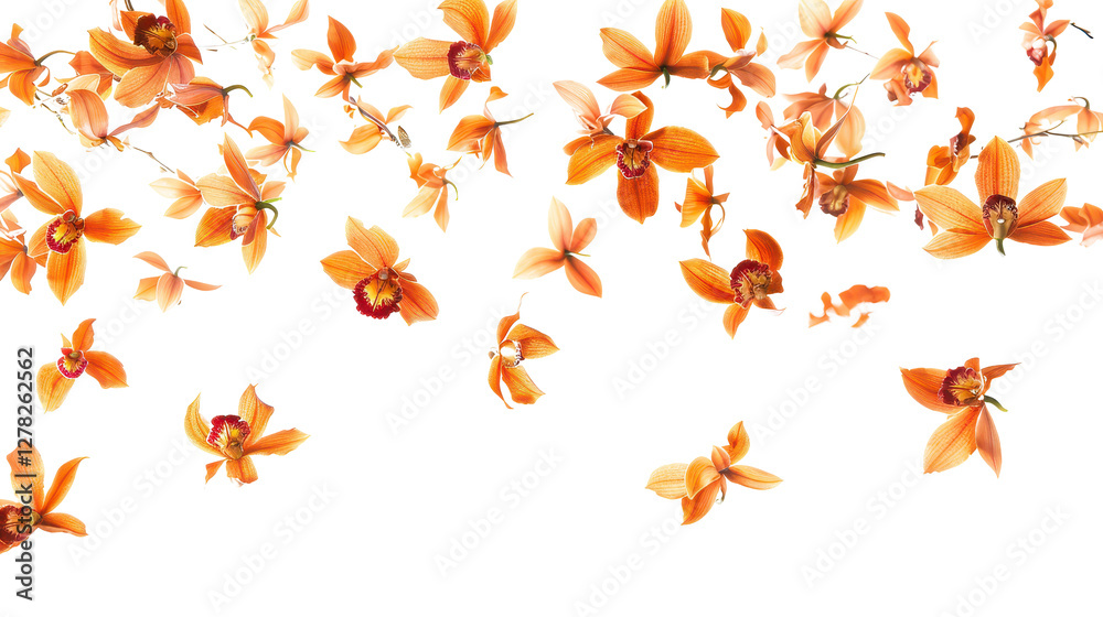 Floating Orange Orchid Flowers on Transparent Background, Elegant Floral Design Floating Orange Orchid Flowers on Transparent Background, Elegant Floral Design