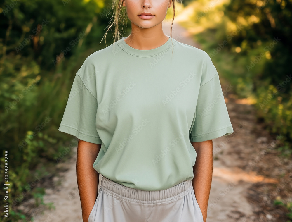 Young girl in oversized spring green t-shirt standing on forest path. Women's short sleeve shirt mockup. Female holiday, vacation, travelling, outdoors sport, urban lifestyle tee template Young girl in oversized spring green t-shirt standing on forest path. Women's short sleeve shirt mockup. Female holiday, vacation, travelling, outdoors sport, urban lifestyle tee template