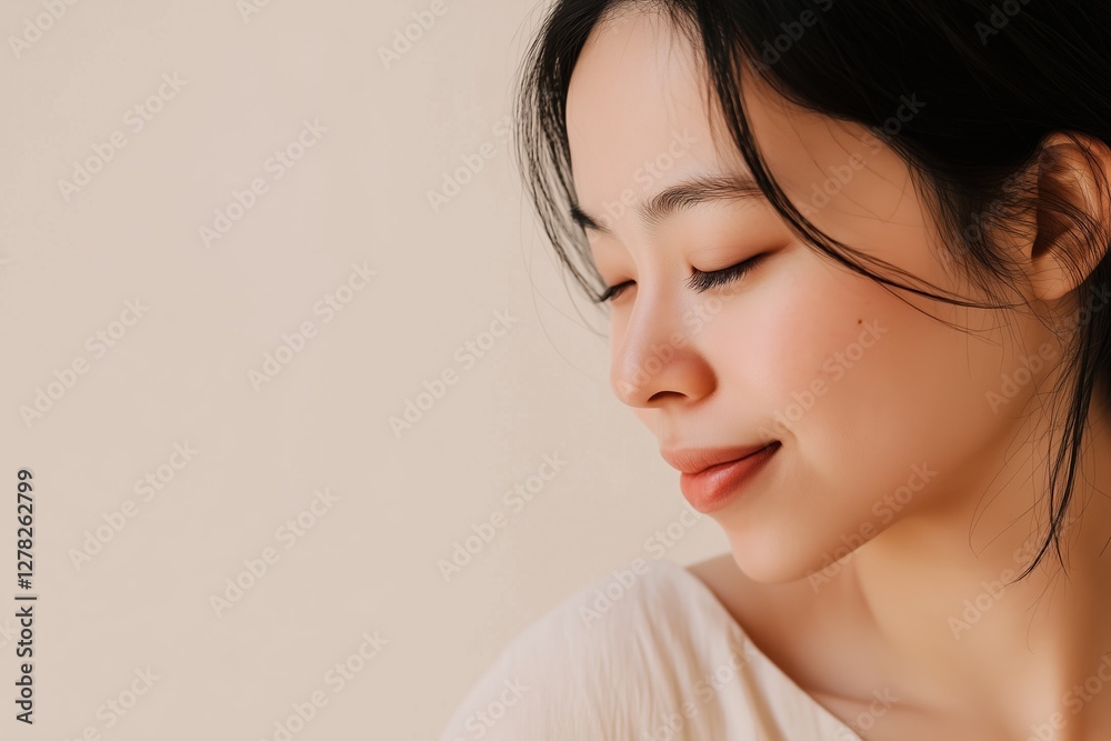 Fototapeta premium Young asian woman closing eyes and smiling serene expression wellness and skincare concept