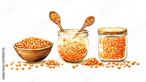 Watercolor Illustration of Red Lentils in Bowls and Jar