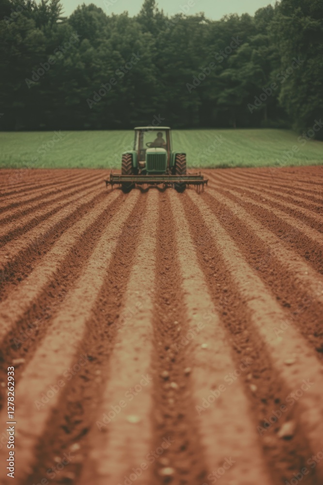 Fototapeta premium Tractor plowing rich, red soil in symmetrical rows, surrounded b