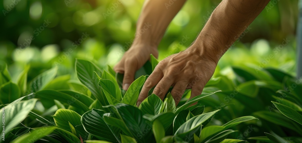 Hands gently touching green leaves in a lush setting. Hands gently touching green leaves in a lush setting.