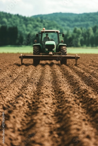 Tractor cultivates rich brown soil under bright sunlight with hi