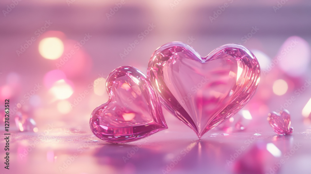 Decorative pink glass hearts glowing softly in a dreamy background during a romantic celebration Decorative pink glass hearts glowing softly in a dreamy background during a romantic celebration