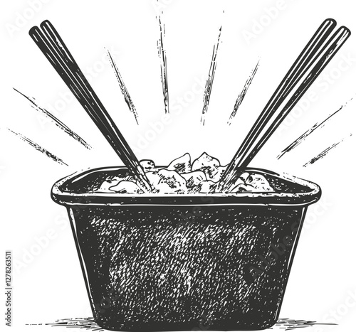 Vintage sketch of noodles in a takeout box with chopsticks.