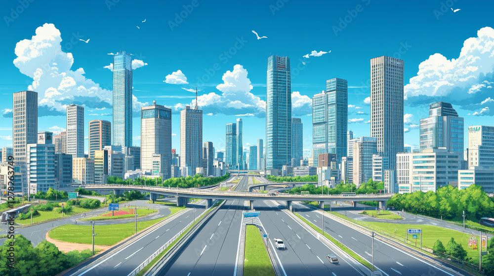 Obraz premium Big city with modern skyscrapers and highway perspective. Vector cartoon illustration of town with street lights and lawn along road, high-rise office and housing buildings, blue sky with white clouds