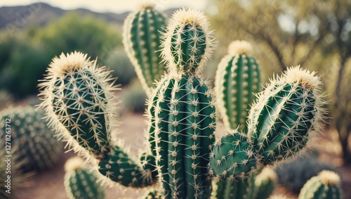 Elegant Close-Up of Textured Cactus with Spines in Natural Desert Surroundings Perfect for Nature and Botanical Themes photo