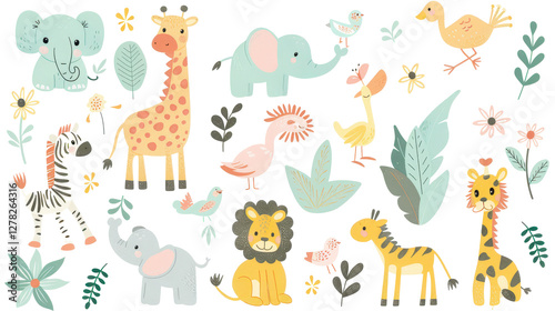 Cute Safari Animal Illustrations Set with Giraffes, Elephants, Lions and Leaves in Pastel Colors.