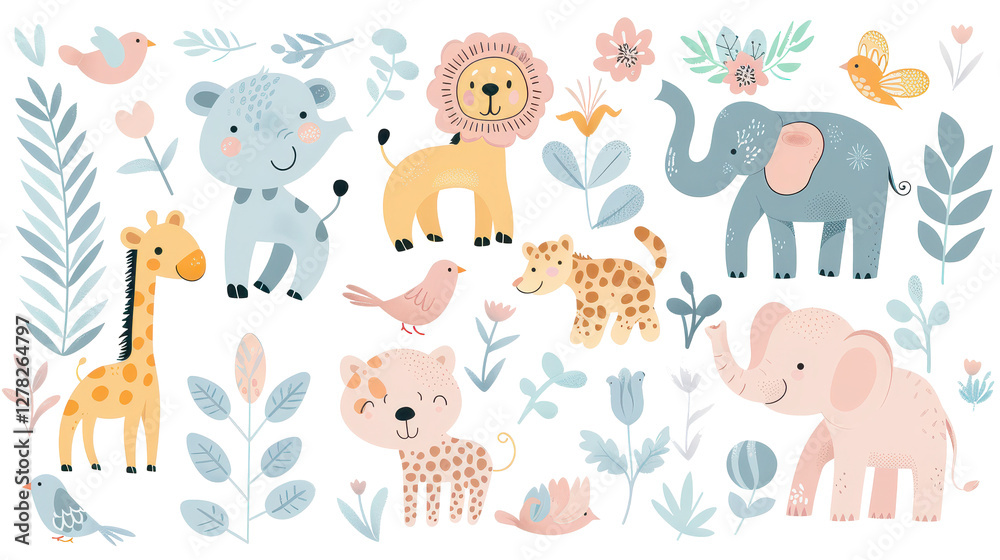 Obraz premium Cute Safari Animal Illustrations Set with Giraffes, Elephants, Lions and Leaves in Pastel Colors.