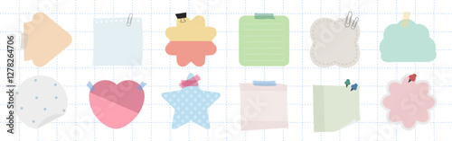 A collection of colorful sticky notes in various shapes like stars, hearts, and flowers. Sticky notes in pastel colors, perfect for reminders and notes. Cute pastel memo, element set. Vectors.