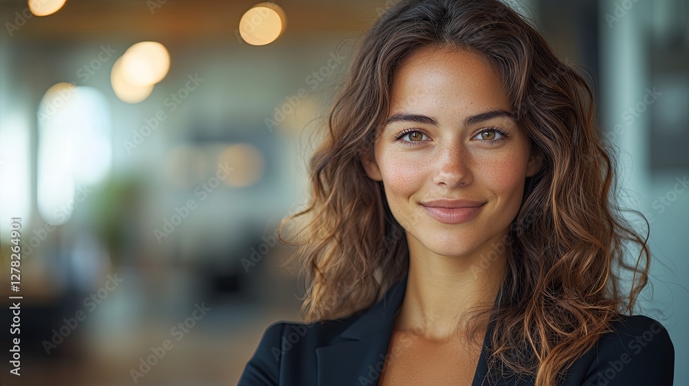 Obraz premium Businesswoman in office lobby, soft light, modern backdrop, conveying professionalism and focus.